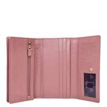 Load image into Gallery viewer, Open pink Anuschka Three Fold Wallet - 1150 with RFID protected card slots and a zipper compartment.
