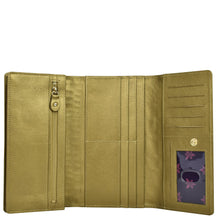 Load image into Gallery viewer, Open Anuschka olive green three fold wallet displaying card slots, a zipper compartment, and an RFID protected decorative floral panel.
