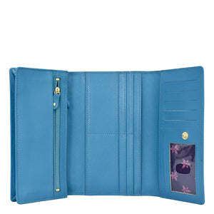 Three Fold Wallet - 1150 by Anuschka open to display card slots and compartments with RFID protection.