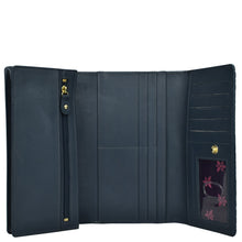 Load image into Gallery viewer, Open navy blue Anuschka Three Fold Wallet - 1150 with multiple RFID protected card slots and a zipper compartment.
