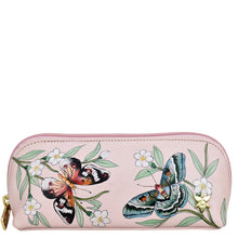 Load image into Gallery viewer, Pink floral and butterfly print Anuschka genuine leather medium Zip-Around Eyeglass/Cosmetic Pouch - 1163 with a zipper closure.
