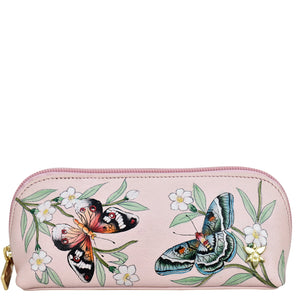Pink floral and butterfly print Anuschka genuine leather medium Zip-Around Eyeglass/Cosmetic Pouch - 1163 with a zipper closure.