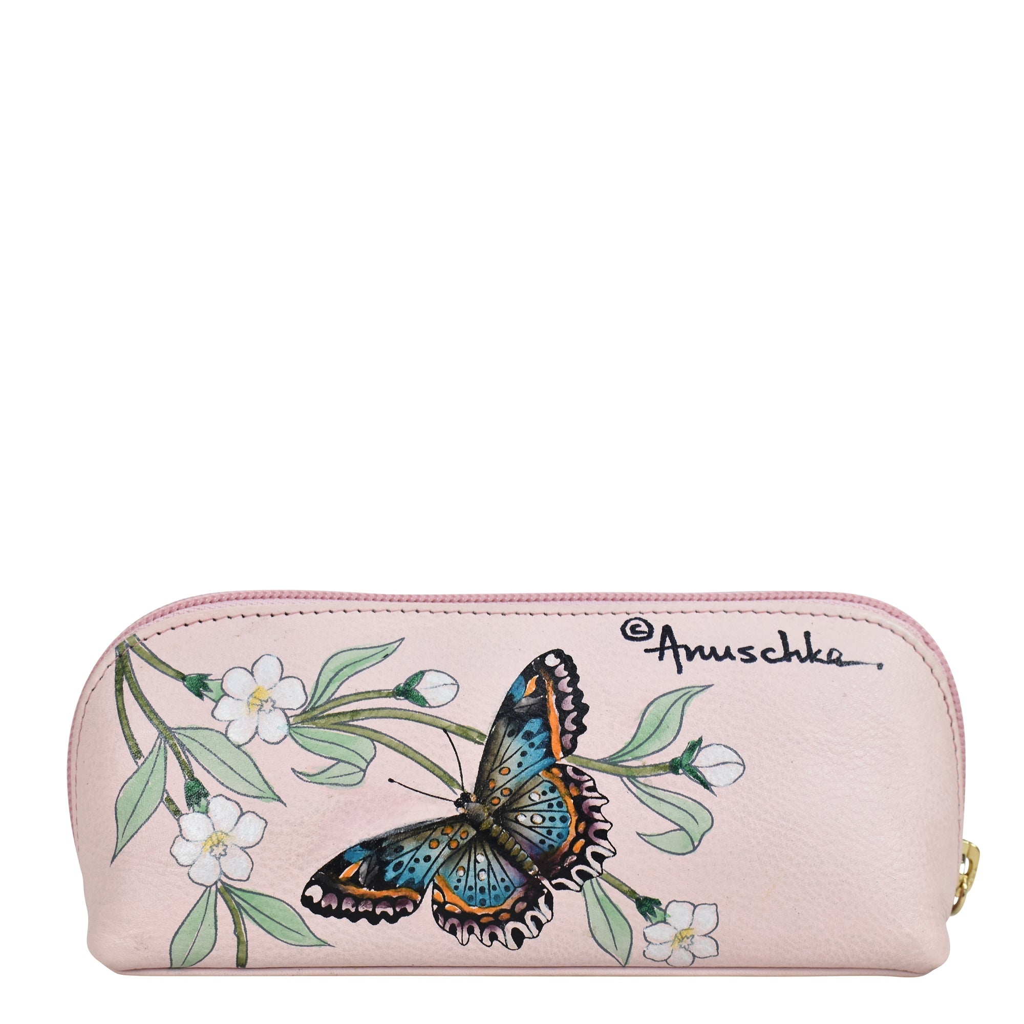 Cosmetic Pouch - 1163 with hand painted floral design and butterfly illustration, branded with "@anuschka".