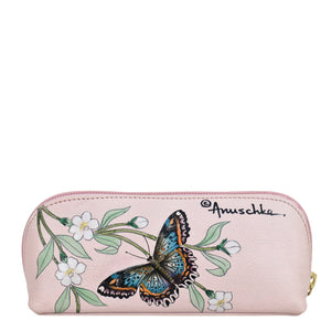 Pastel pink genuine leather Medium Zip-Around Eyeglass/Cosmetic Pouch - 1163 with hand painted floral design and butterfly illustration, branded with "@anuschka".