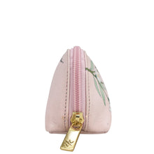 Load image into Gallery viewer, Small pink genuine leather Anuschka Medium Zip-Around Eyeglass/Cosmetic Pouch - 1163 with a floral design and gold zipper.
