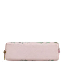 Load image into Gallery viewer, A pink floral-patterned genuine leather Medium Zip-Around Eyeglass/Cosmetic Pouch - 1163 with a zipper closure on a white background by Anuschka.
