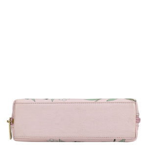A pink floral-patterned genuine leather Medium Zip-Around Eyeglass/Cosmetic Pouch - 1163 with a zipper closure on a white background by Anuschka.