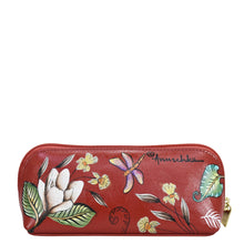 Load image into Gallery viewer, Red floral-patterned genuine leather Medium Zip-Around Eyeglass/Cosmetic Pouch - 1163 from Anuschka on a white background.
