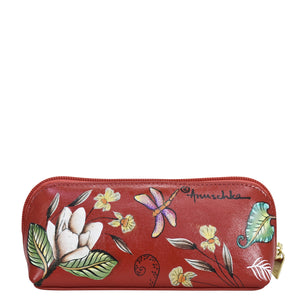 Red floral-patterned genuine leather Medium Zip-Around Eyeglass/Cosmetic Pouch - 1163 from Anuschka on a white background.