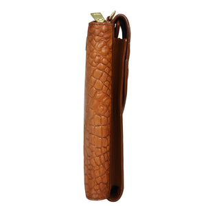Brown crocodile-embossed leather Crossbody Phone Case - 1173 from Anuschka with gold zipper and wrist strap.