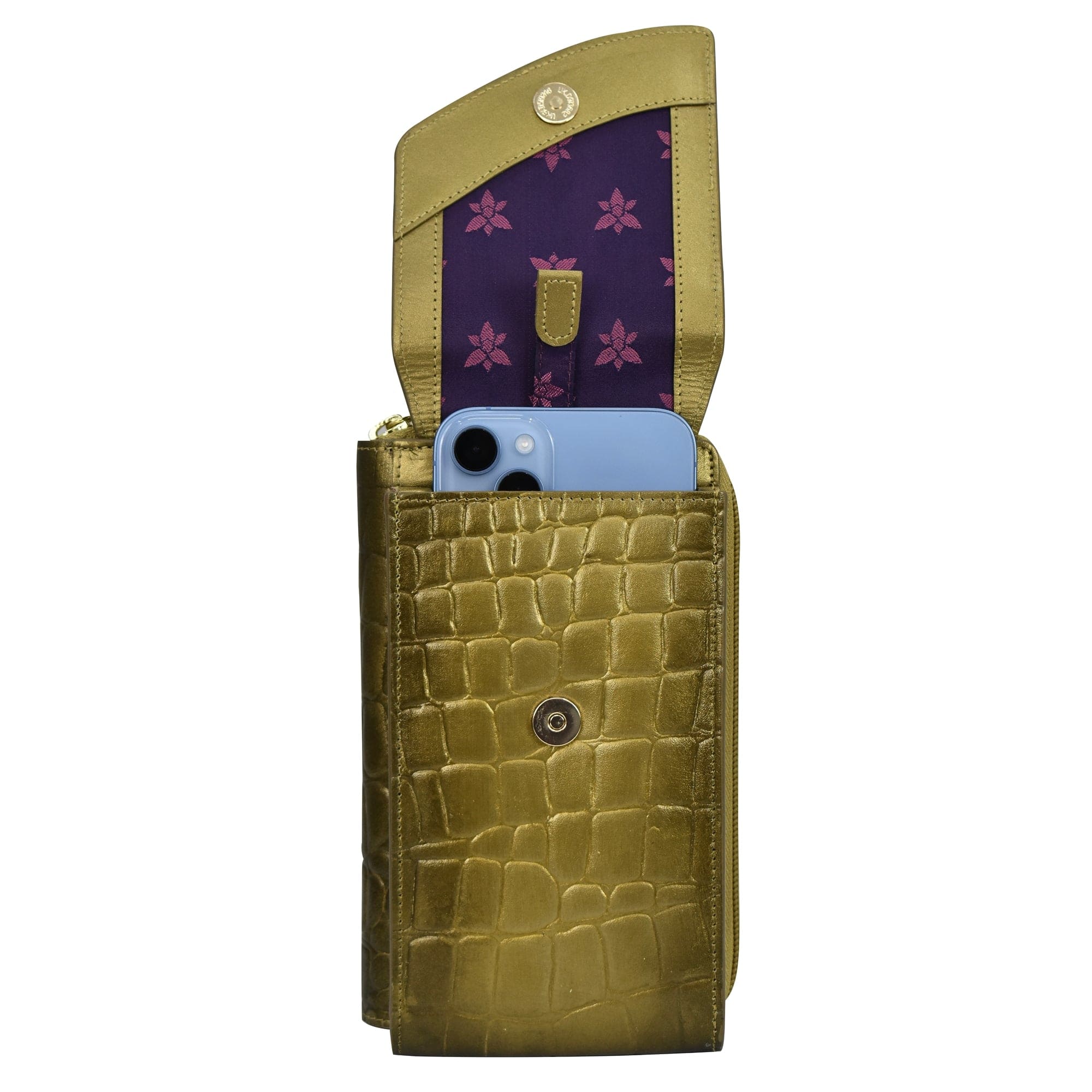 Crossbody Phone Case - 1173 in a gold-colored crocodile pattern clutch with floral interior design and RFID protection by Anuschka.