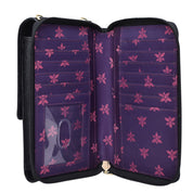 The Anuschka Crossbody Phone Case - 1173 is a black zippered wallet crafted from genuine leather with a purple interior featuring pink floral patterns, multiple card slots, an RFID card holder, and a clear ID slot.