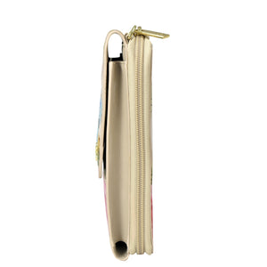 Side view of a closed beige Anuschka RFID zipper clutch with a key ring attached.