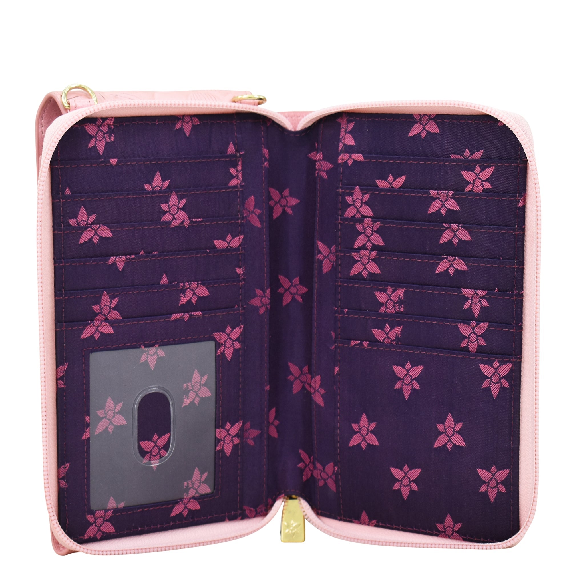 Open Crossbody Phone Case - 1173 with floral pattern, RFID card holders, and card slots by Anuschka.