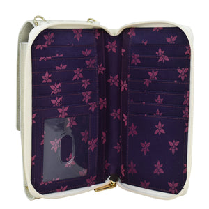 Open white Anuschka genuine leather Crossbody Phone Case - 1173 with purple floral interior, RFID card holders, and phone compartment.