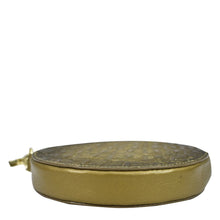 Load image into Gallery viewer, Golden-colored, decorative skillet with embossed pattern and hand-painted artwork on a white background by Anuschka featuring the Round Coin Purse - 1175.

