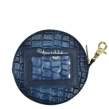 Load image into Gallery viewer, Blue circular Round Coin Purse - 1175 with a crocodile pattern and a gold-tone clasp by Anuschka.
