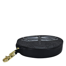 Load image into Gallery viewer, A black Anuschka round-shaped genuine leather purse with embossed designs and a gold-tone clasp.
