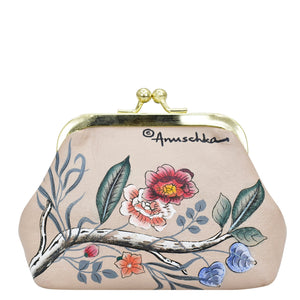 A floral-patterned Clasp Pouch With Key Fobs - 1177 by Anuschka with a metallic clasp closure and vintage charm.