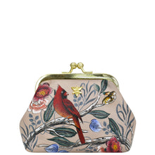 Load image into Gallery viewer, Anuschka Clasp Pouch With Key Fobs - 1177 with a bird and floral print design, exuding vintage charm.
