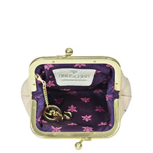 Load image into Gallery viewer, An open, empty cream-colored genuine leather **clasp pouch with key fobs - 1177** with a purple floral-lined interior and a clasp closure viewed from above. Brand Name: **Anuschka**
