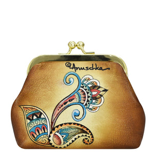 Decorative hand-painted Anuschka Clasp Pouch With Key Fobs - 1177 with floral motif and vintage charm.