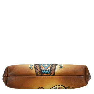 Decorative brown leather Clasp Pouch With Key Fobs - 1177 with tribal tattoo design on white background by Anuschka.