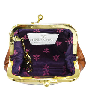 Open Clasp Pouch With Key Fobs - 1177 with a purple floral lining and a metal clasp, displaying the brand label "Anuschka genuine leather" featuring hand-painted artwork.