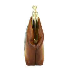 Load image into Gallery viewer, A side view of a closed brown leather Clasp Pouch With Key Fobs - 1177 from Anuschka, isolated on a white background.
