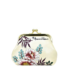 Load image into Gallery viewer, Anuschka&#39;s Floral-patterned leather clasp pouch with key fobs clutch purse.
