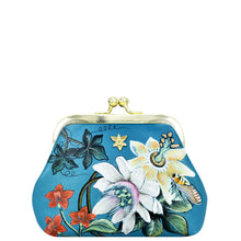 Load image into Gallery viewer, Blue floral clasp pouch with a key fob closure and vintage charm by Anuschka.
