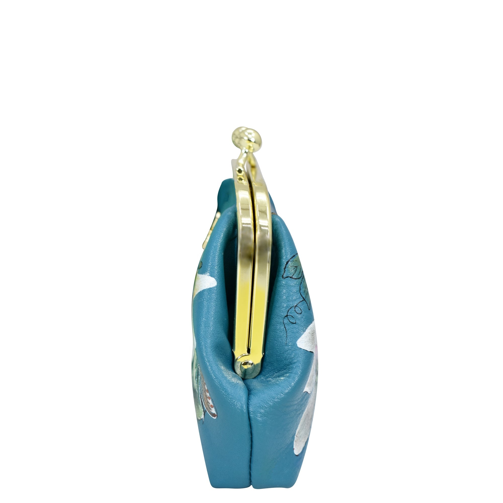 A side view of the Anuschka Clasp Pouch With Key Fobs - 1177, a small, teal-blue wallet with a metal clasp closure. The genuine leather wallet has white floral designs on the surface, adding vintage charm.