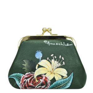 Anuschka Green leather Clasp Pouch With Key Fobs - 1177 with a floral design and clasp closure.