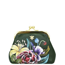 Load image into Gallery viewer, Green floral Clasp Pouch With Key Fobs - 1177 coin purse with a clasp closure and vintage charm by Anuschka.
