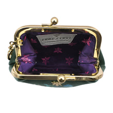 Load image into Gallery viewer, Open green floral-patterned Clasp Pouch With Key Fobs - 1177 from Anuschka with a gold clasp and purple interior lining.

