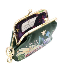 Load image into Gallery viewer, A green floral-patterned leather Clasp Pouch With Key Fobs - 1177 from Anuschka, exuding vintage charm.
