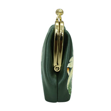 Load image into Gallery viewer, Side view of a green leather clasp pouch with gold-colored hardware and floral details from Anuschka.
