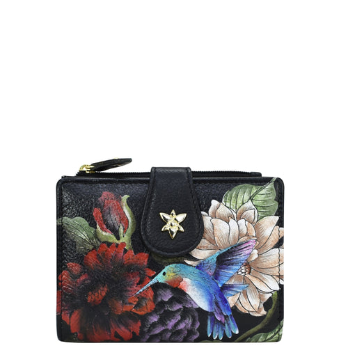 Compact floral and bird print leather wallet with a zippered closure and decorative clasp - Anuschka Two Fold Organizer Wallet - 1178.