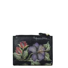 Load image into Gallery viewer, A compact black leather Two Fold Organizer Wallet - 1178 with a floral design by Anuschka.
