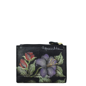 A compact black leather Two Fold Organizer Wallet - 1178 with a floral design by Anuschka.