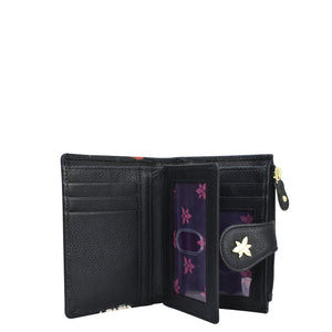 Two Fold Organizer Wallet - 1178 by Anuschka, displayed open, with black leather, multiple card slots and a coin pouch.