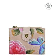 Load image into Gallery viewer, A hand-painted Anuschka Two Fold Organizer Wallet - 1178 with floral and butterfly designs.
