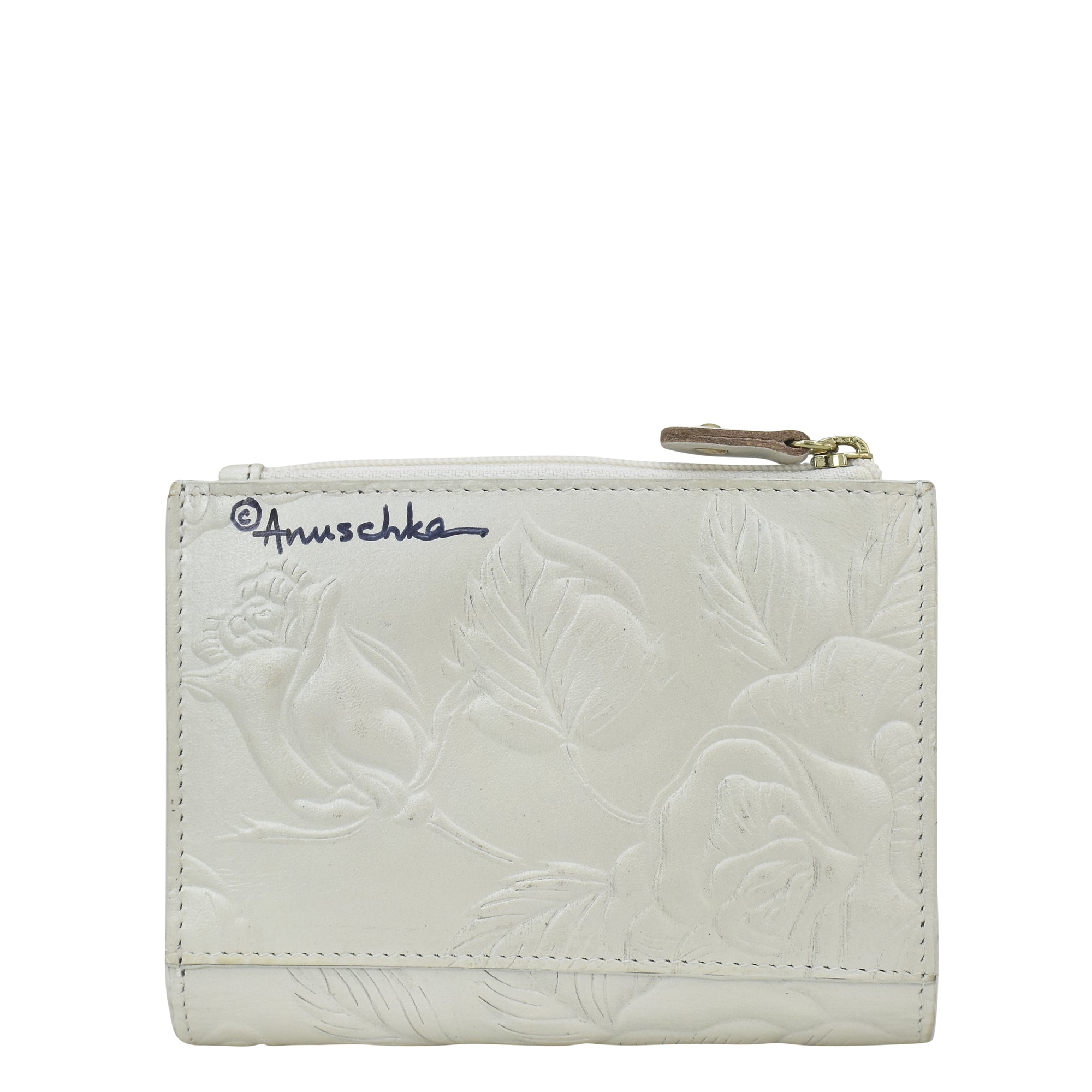 A Two Fold Organizer Wallet - 1178 featuring embossed floral designs and a zippered coin pocket at the top, made from genuine leather, with the brand name 'Anuschka' written on it—perfect for minimalists seeking a stylish compact wallet.