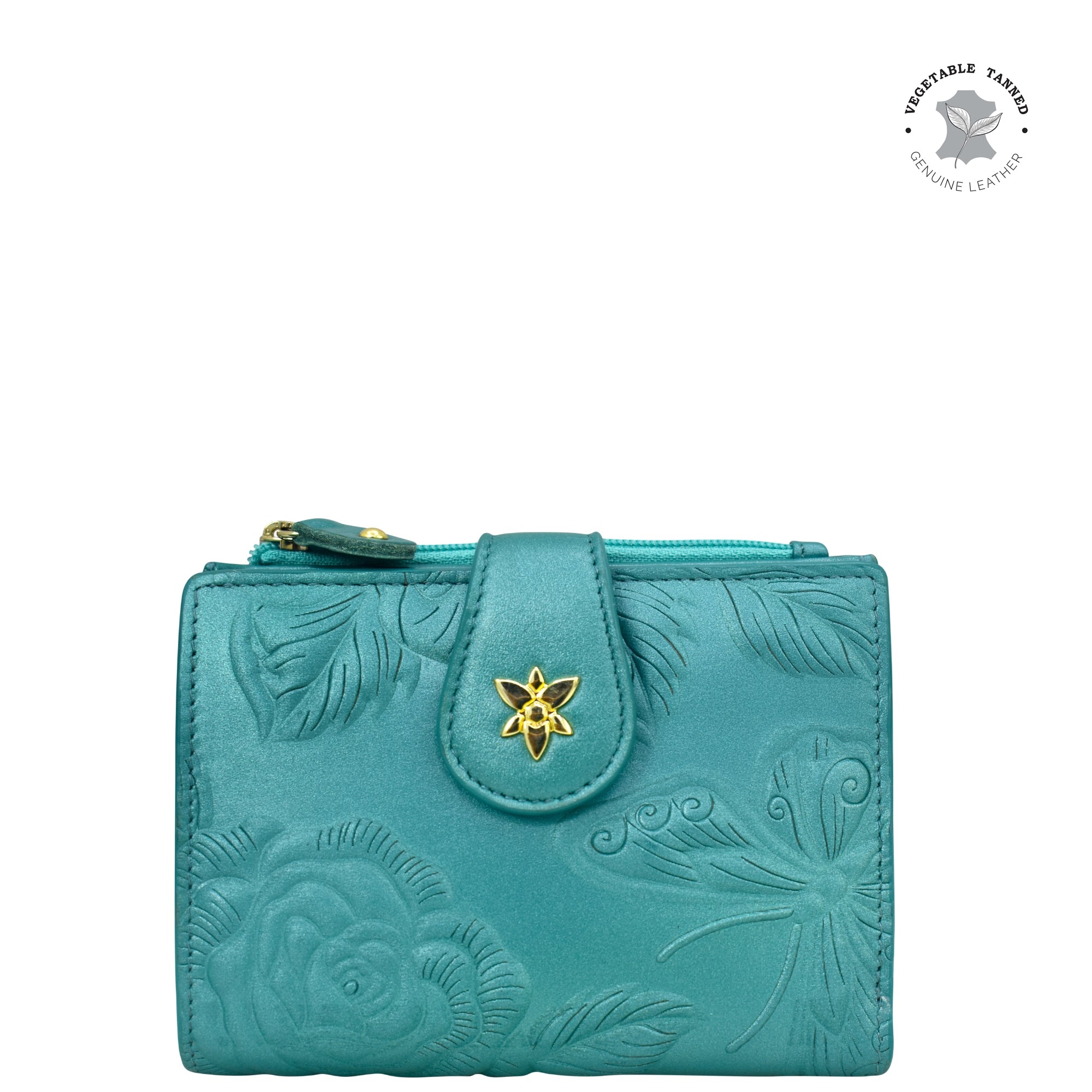 Anuschka Two Fold Organizer Wallet - 1178 with floral embossment and gold-tone clasp.