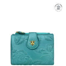 Load image into Gallery viewer, Anuschka Two Fold Organizer Wallet - 1178 with floral embossment and gold-tone clasp.
