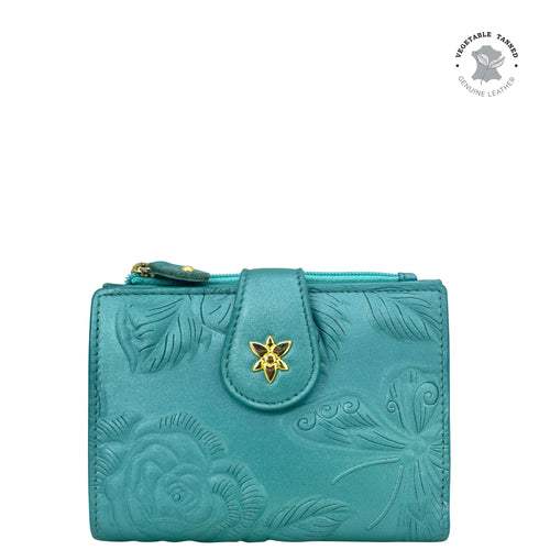 Anuschka Two Fold Organizer Wallet - 1178 with floral embossment and gold-tone clasp.