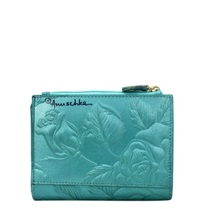 Teal genuine leather Two Fold Organizer Wallet - 1178 with embossed floral design and Anuschka brand logo.