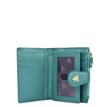 Load image into Gallery viewer, Anuschka Two Fold Organizer Wallet - 1178 with teal genuine leather and floral interior, embellished with starfish on closure.
