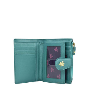 Anuschka Two Fold Organizer Wallet - 1178 with teal genuine leather and floral interior, embellished with starfish on closure.