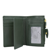 Anuschka's Two Fold Organizer Wallet - 1178 is a compact green leather wallet featuring multiple card slots, an ID window with a hand-painted floral design, and a buttoned coin pocket.